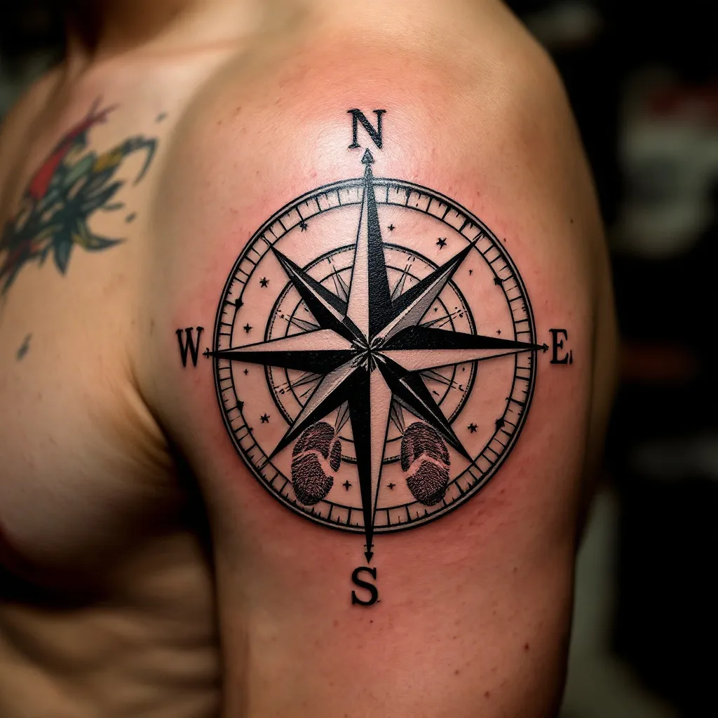  Compass with two names, Alex and Jacob on the inside rim where you can see directions of the world on the north side of the compass. Underneath the needle I want two crossed fingerprints, not too big, no cardinal direction motif