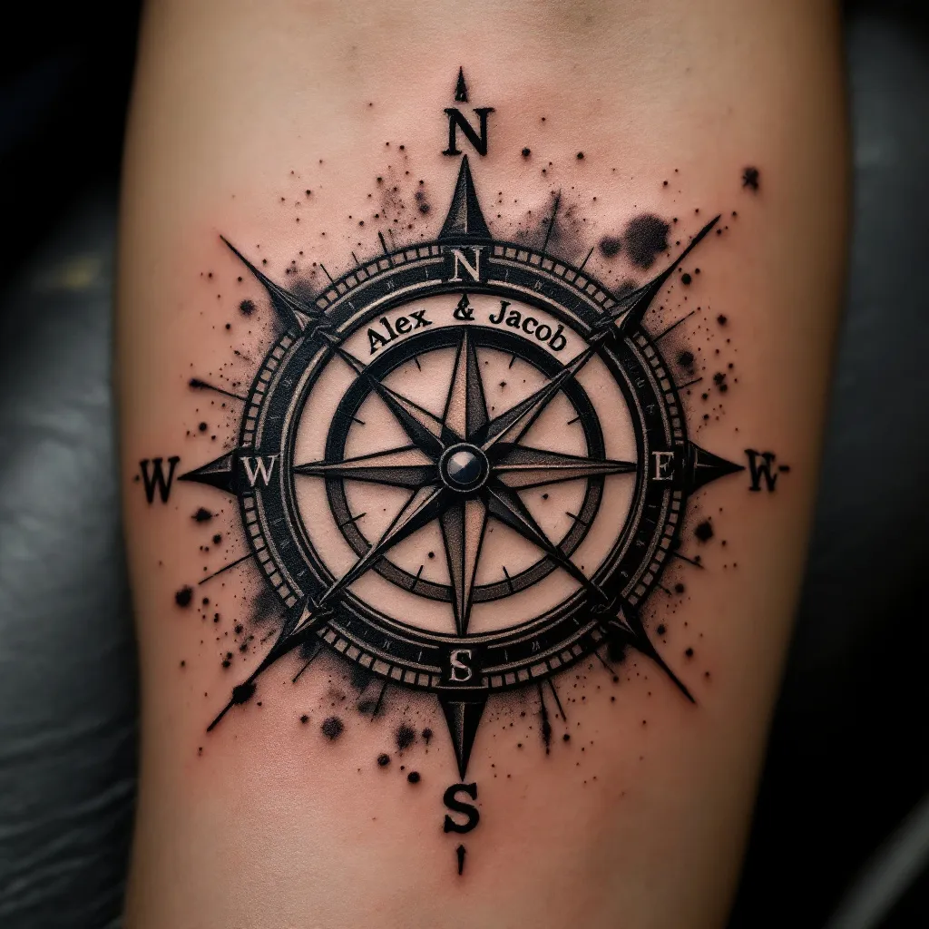 tattoo design in realistic style, back and white. Compass with two names Alex and Jacob on the inside rim 