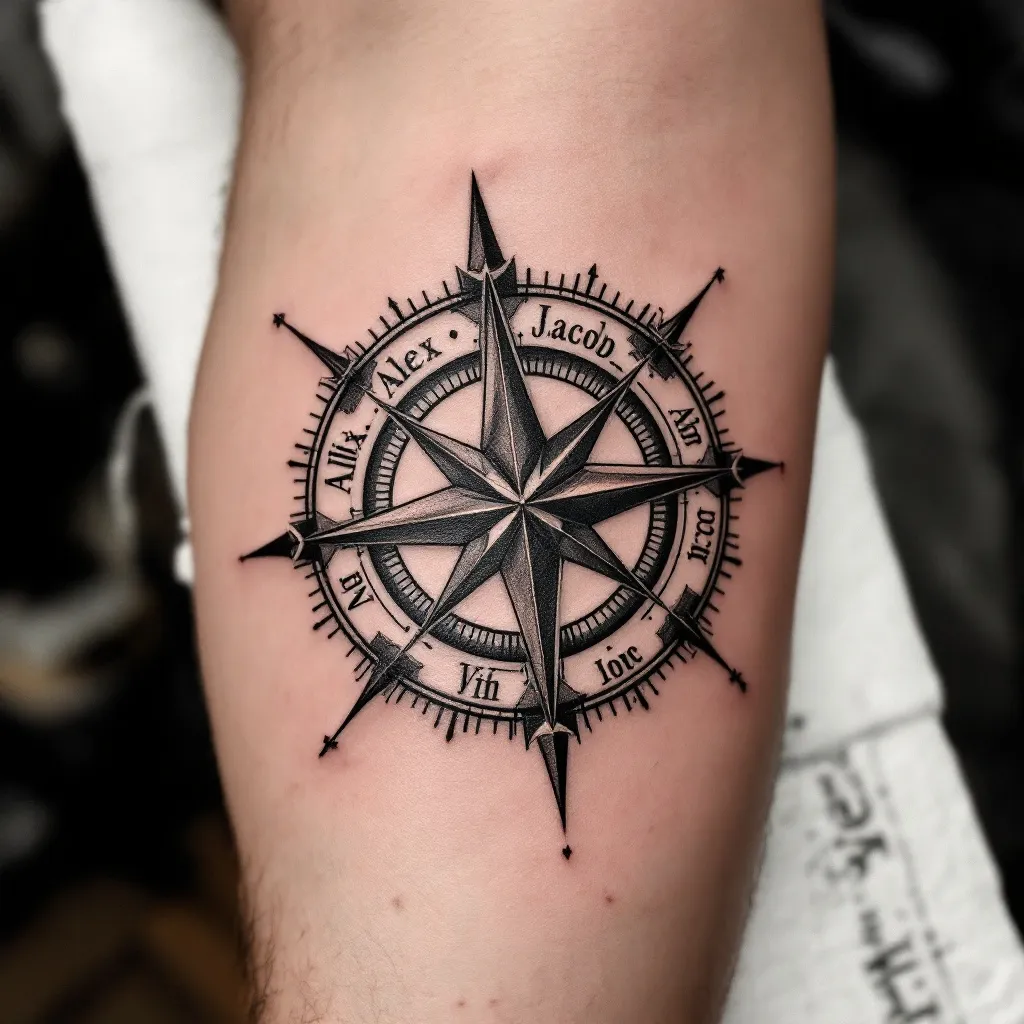Compass with two names Alex, Jacob on the inside rim. Under the needle, two crossed thumbs fingerprints,