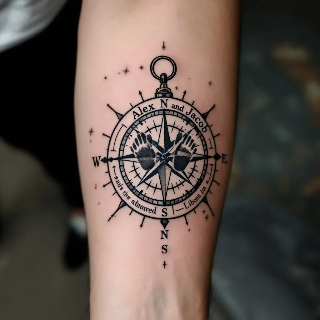 Forearm tattoo on nautical map background. Compass with two names Alex and Jacob on the inside rim, under the compass needle, two crossed fingerprints
