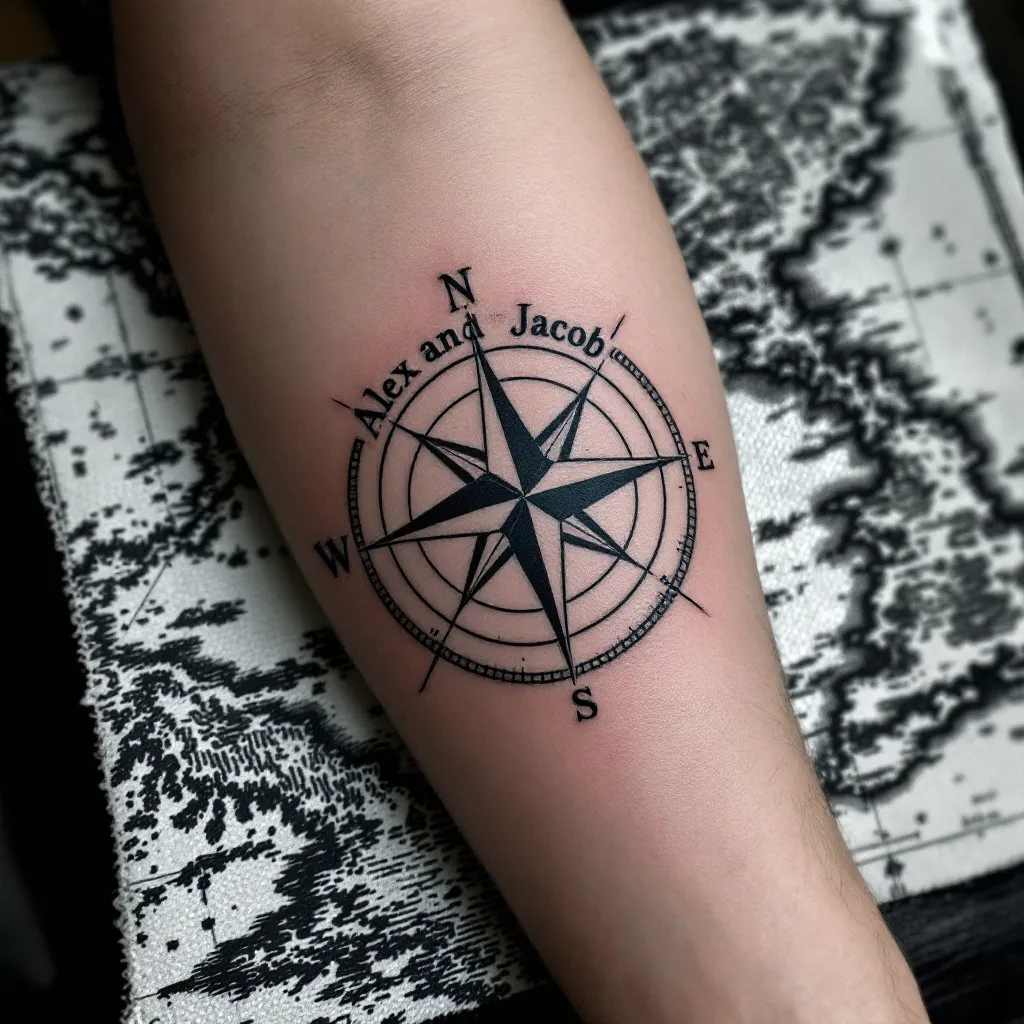 Forearm tattoo on nautical map background. Compass with two names Alex and Jacob on the inside rim, under the compass needle, two crossed fingerprints