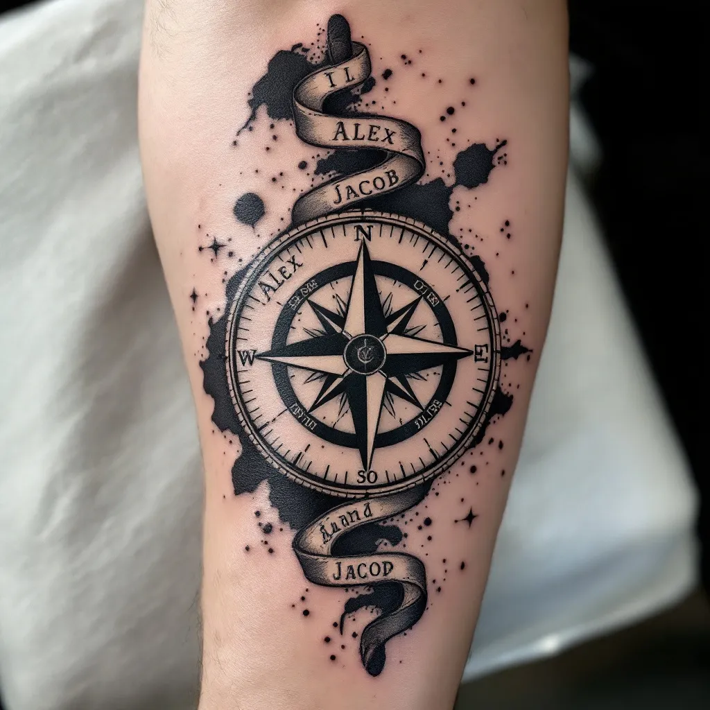 Forearm tattoo. Compass with two names Alex and Jacob on the inside rim, under the compass needle, two crossed thumb fingerprints, map as background
