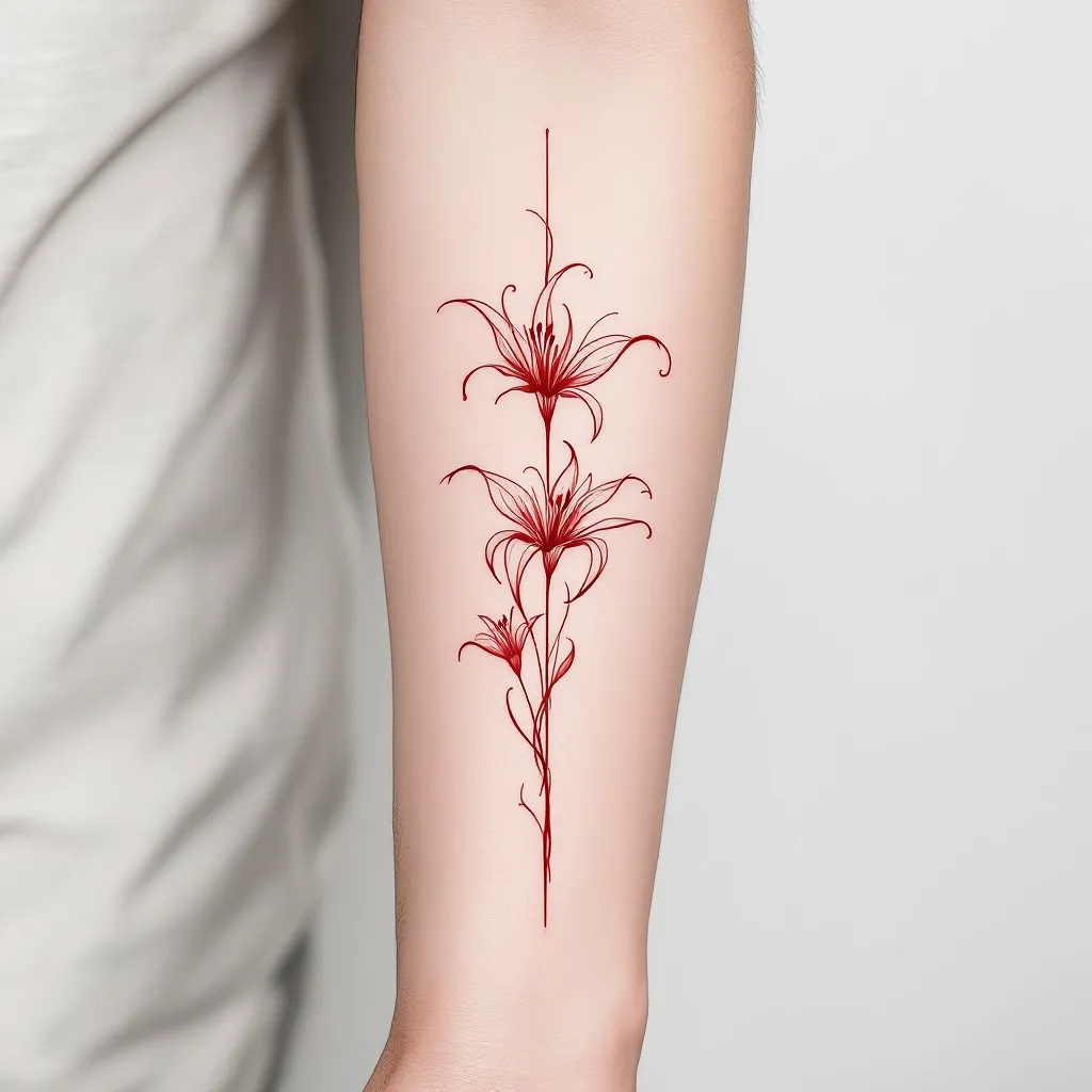 Fine-line tattoo design sketch, red ink linework only, no shading, no color fill, on white background. Three red spider lily flowers with thin spiky recurved petals and long curling filaments, cascading vertically down a forearm, connected by flowing thin stem lines, botanical illustration style, symmetrical radial flower shape, minimalist”
