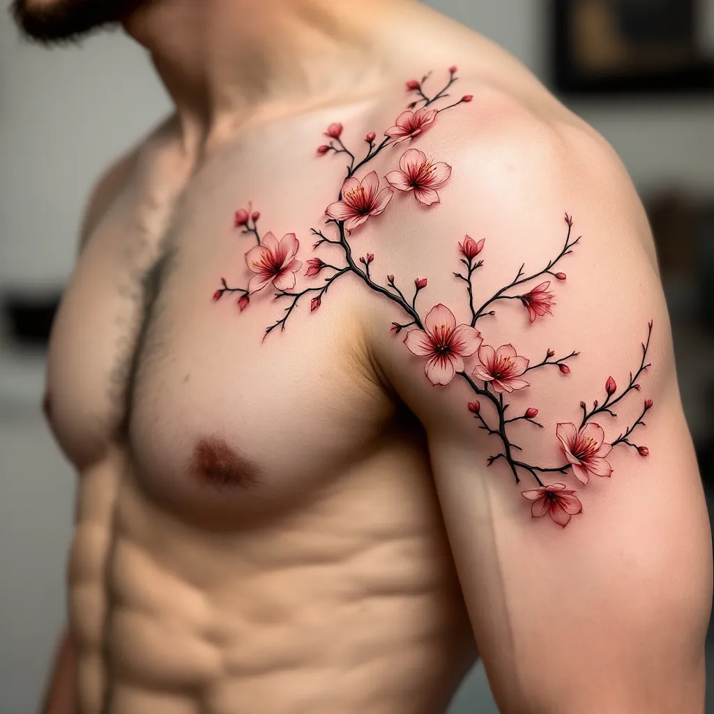 Fine-line tattoo design sketch, red ink linework only, no shading, no color fill, on white background. Flowing ribbon-like vine tendrils wrapping around a shoulder and upper arm, with 2-3 small cherry blossom flowers with visible stamens, organic tangled branch style, elegant and loose, botanical illustration