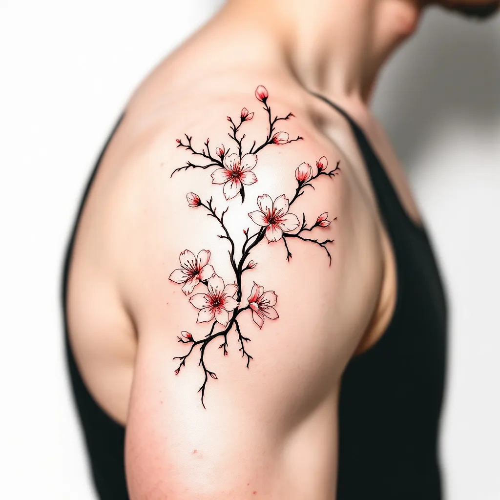 Fine-line tattoo design sketch, red ink linework only, no shading, no color fill, on white background. Flowing ribbon-like vine tendrils wrapping around a shoulder and upper arm, with 2-3 small cherry blossom flowers with visible stamens, organic tangled branch style, elegant and loose, botanical illustration