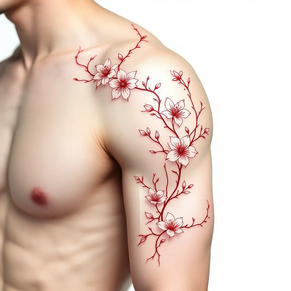 Fine-line tattoo design sketch, red ink linework only, no shading, no color fill, on white background. Flowing ribbon-like vine tendrils wrapping around a shoulder and upper arm, with 2-3 small cherry blossom flowers with visible stamens, organic tangled branch style, elegant and loose, botanical illustration