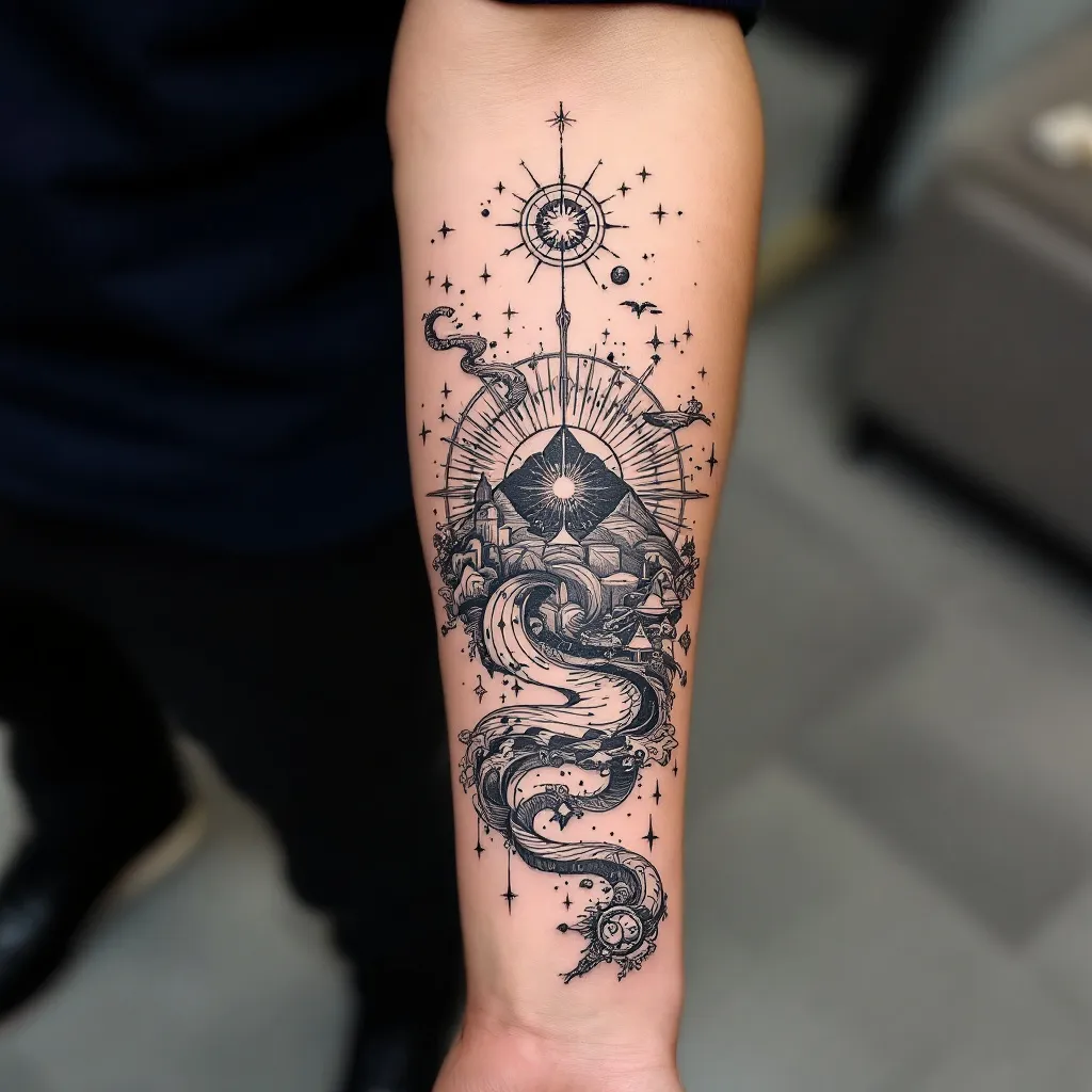 Design a large wrap-around forearm tattoo that feels like a personal piece of art rather than a collection of separate symbols. I want a black-and-grey illustrative tattoo with fine-line, geometric, slightly surreal and celestial elements, with very restrained selective colour if it enhances the design. The tattoo should represent a life shaped by ambition, setbacks, constant change, discipline and continuing forward without knowing exactly where the journey ends. I grew up in Mumbai, India, originally dreamed of joining the Merchant Navy, repeated my final year of school after missing the required marks, completed a bachelor's degree, explored the Indian defence forces, attempted the CDS exam twice, had an Australian study visa rejected, eventually moved from India to Ireland for a master's degree, worked difficult part-time jobs, moved into operations and now work as an Operations Lead at Amazon. The important meaning is not the specific jobs or achievements but the idea that every setback became part of the path and that I believe in giving 100% so I never regret not trying. I also value discipline, fitness, running, trekking, climbing, family, close friendships, being present in the moment, helping others and continuing to grow. I am proud of my Indian roots while also feeling that my current life in Ireland is another chapter rather than the final destination. I would like the artist to interpret these ideas creatively rather than literally. Possible visual references can include an abstract or elegant Ganpati presence representing my Indian roots, protection and inner foundation; a subtle representation of Mumbai such as the curves of Marine Drive; an ocean or ship reference to my childhood Merchant Navy dream; abstract mountains or obstacles representing setbacks; subtle references to Ireland/Dublin; and a restrained Cancer constellation or celestial elements representing me and the unknown future. I also like the visual language of fragmented linework, geometric forms, cosmic/galaxy textures, negative space and small hidden details. Personal elements such as fitness/running, coffee and food can be incorporated only if they naturally fit the composition and should remain subtle rather than obvious icons. I do not want the tattoo to look like a timeline, collage, tourist map, motivational poster or overly literal collection of objects. I want a strong central composition with depth, where some meanings are immediately visible and others are hidden for me to discover. The overall feeling should be resilient, thoughtful, spiritual without being overly religious, adventurous, sophisticated and unfinished in a deliberate way—as if the story is still being written. A phrase such as ‘Memento Vivere’ or the idea that ‘the end is the beginning’ could be incorporated only if it genuinely improves the artwork; text is not essential. The tattoo should wrap naturally around the forearm and be designed to look good from multiple angles, with enough negative space that it remains elegant and ages well. Please prioritize artistic composition and symbolism over trying to include every detail of my story, and feel free to remove, merge or reinterpret any element to create the strongest tattoo. Generate multiple distinct artistic variations rather than simply rearranging the same symbols.