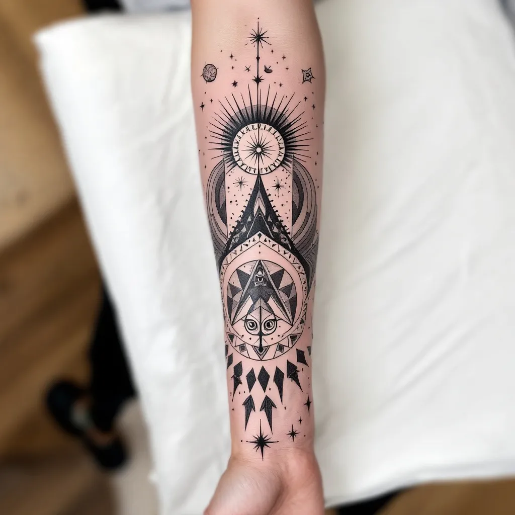 Design a large wrap-around forearm tattoo that feels like a personal piece of art rather than a collection of separate symbols. I want a black-and-grey illustrative tattoo with fine-line, geometric, slightly surreal and celestial elements, with very restrained selective colour if it enhances the design. The tattoo should represent a life shaped by ambition, setbacks, constant change, discipline and continuing forward without knowing exactly where the journey ends. I grew up in Mumbai, India, originally dreamed of joining the Merchant Navy, repeated my final year of school after missing the required marks, completed a bachelor's degree, explored the Indian defence forces, attempted the CDS exam twice, had an Australian study visa rejected, eventually moved from India to Ireland for a master's degree, worked difficult part-time jobs, moved into operations and now work as an Operations Lead at Amazon. The important meaning is not the specific jobs or achievements but the idea that every setback became part of the path and that I believe in giving 100% so I never regret not trying. I also value discipline, fitness, running, trekking, climbing, family, close friendships, being present in the moment, helping others and continuing to grow. I am proud of my Indian roots while also feeling that my current life in Ireland is another chapter rather than the final destination. I would like the artist to interpret these ideas creatively rather than literally. Possible visual references can include an abstract or elegant Ganpati presence representing my Indian roots, protection and inner foundation; a subtle representation of Mumbai such as the curves of Marine Drive; an ocean or ship reference to my childhood Merchant Navy dream; abstract mountains or obstacles representing setbacks; subtle references to Ireland/Dublin; and a restrained Cancer constellation or celestial elements representing me and the unknown future. I also like the visual language of fragmented linework, geometric forms, cosmic/galaxy textures, negative space and small hidden details. Personal elements such as fitness/running, coffee and food can be incorporated only if they naturally fit the composition and should remain subtle rather than obvious icons. I do not want the tattoo to look like a timeline, collage, tourist map, motivational poster or overly literal collection of objects. I want a strong central composition with depth, where some meanings are immediately visible and others are hidden for me to discover. The overall feeling should be resilient, thoughtful, spiritual without being overly religious, adventurous, sophisticated and unfinished in a deliberate way—as if the story is still being written. A phrase such as ‘Memento Vivere’ or the idea that ‘the end is the beginning’ could be incorporated only if it genuinely improves the artwork; text is not essential. The tattoo should wrap naturally around the forearm and be designed to look good from multiple angles, with enough negative space that it remains elegant and ages well. Please prioritize artistic composition and symbolism over trying to include every detail of my story, and feel free to remove, merge or reinterpret any element to create the strongest tattoo. Generate multiple distinct artistic variations rather than simply rearranging the same symbols.