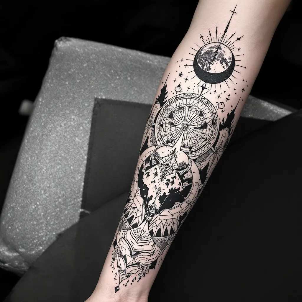 Design a large wrap-around forearm tattoo that feels like a personal piece of art rather than a collection of separate symbols. I want a black-and-grey illustrative tattoo with fine-line, geometric, slightly surreal and celestial elements, with very restrained selective colour if it enhances the design. The tattoo should represent a life shaped by ambition, setbacks, constant change, discipline and continuing forward without knowing exactly where the journey ends. I grew up in Mumbai, India, originally dreamed of joining the Merchant Navy, repeated my final year of school after missing the required marks, completed a bachelor's degree, explored the Indian defence forces, attempted the CDS exam twice, had an Australian study visa rejected, eventually moved from India to Ireland for a master's degree, worked difficult part-time jobs, moved into operations and now work as an Operations Lead at Amazon. The important meaning is not the specific jobs or achievements but the idea that every setback became part of the path and that I believe in giving 100% so I never regret not trying. I also value discipline, fitness, running, trekking, climbing, family, close friendships, being present in the moment, helping others and continuing to grow. I am proud of my Indian roots while also feeling that my current life in Ireland is another chapter rather than the final destination. I would like the artist to interpret these ideas creatively rather than literally. Possible visual references can include an abstract or elegant Ganpati presence representing my Indian roots, protection and inner foundation; a subtle representation of Mumbai such as the curves of Marine Drive; an ocean or ship reference to my childhood Merchant Navy dream; abstract mountains or obstacles representing setbacks; subtle references to Ireland/Dublin; and a restrained Cancer constellation or celestial elements representing me and the unknown future. I also like the visual language of fragmented linework, geometric forms, cosmic/galaxy textures, negative space and small hidden details. Personal elements such as fitness/running, coffee and food can be incorporated only if they naturally fit the composition and should remain subtle rather than obvious icons. I do not want the tattoo to look like a timeline, collage, tourist map, motivational poster or overly literal collection of objects. I want a strong central composition with depth, where some meanings are immediately visible and others are hidden for me to discover. The overall feeling should be resilient, thoughtful, spiritual without being overly religious, adventurous, sophisticated and unfinished in a deliberate way—as if the story is still being written. A phrase such as ‘Memento Vivere’ or the idea that ‘the end is the beginning’ could be incorporated only if it genuinely improves the artwork; text is not essential. The tattoo should wrap naturally around the forearm and be designed to look good from multiple angles, with enough negative space that it remains elegant and ages well. Please prioritize artistic composition and symbolism over trying to include every detail of my story, and feel free to remove, merge or reinterpret any element to create the strongest tattoo. Generate multiple distinct artistic variations rather than simply rearranging the same symbols.