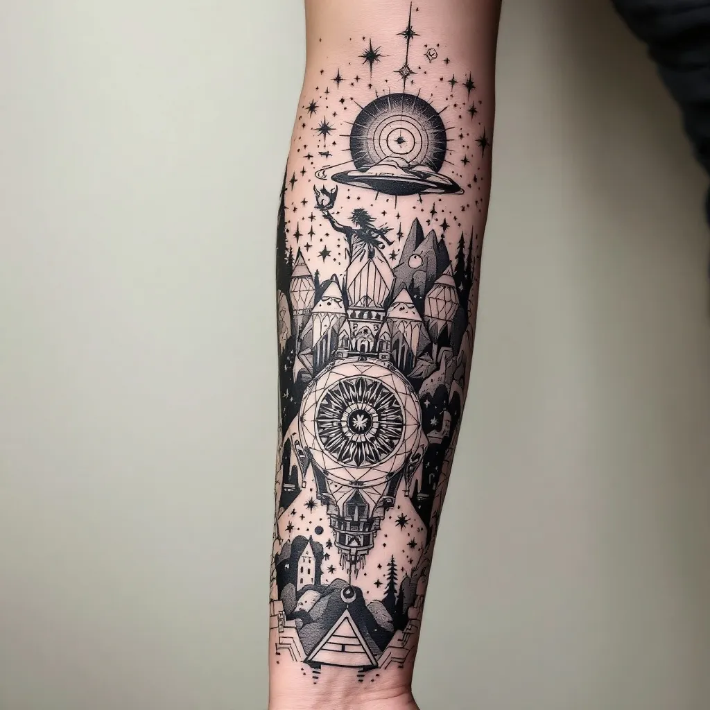 Design a large wrap-around forearm tattoo that feels like a personal piece of art rather than a collection of separate symbols. I want a black-and-grey illustrative tattoo with fine-line, geometric, slightly surreal and celestial elements, with very restrained selective colour if it enhances the design. The tattoo should represent a life shaped by ambition, setbacks, constant change, discipline and continuing forward without knowing exactly where the journey ends. I grew up in Mumbai, India, originally dreamed of joining the Merchant Navy, repeated my final year of school after missing the required marks, completed a bachelor's degree, explored the Indian defence forces, attempted the CDS exam twice, had an Australian study visa rejected, eventually moved from India to Ireland for a master's degree, worked difficult part-time jobs, moved into operations and now work as an Operations Lead at Amazon. The important meaning is not the specific jobs or achievements but the idea that every setback became part of the path and that I believe in giving 100% so I never regret not trying. I also value discipline, fitness, running, trekking, climbing, family, close friendships, being present in the moment, helping others and continuing to grow. I am proud of my Indian roots while also feeling that my current life in Ireland is another chapter rather than the final destination. I would like the artist to interpret these ideas creatively rather than literally. Possible visual references can include an abstract or elegant Ganpati presence representing my Indian roots, protection and inner foundation; a subtle representation of Mumbai such as the curves of Marine Drive; an ocean or ship reference to my childhood Merchant Navy dream; abstract mountains or obstacles representing setbacks; subtle references to Ireland/Dublin; and a restrained Cancer constellation or celestial elements representing me and the unknown future. I also like the visual language of fragmented linework, geometric forms, cosmic/galaxy textures, negative space and small hidden details. Personal elements such as fitness/running, coffee and food can be incorporated only if they naturally fit the composition and should remain subtle rather than obvious icons. I do not want the tattoo to look like a timeline, collage, tourist map, motivational poster or overly literal collection of objects. I want a strong central composition with depth, where some meanings are immediately visible and others are hidden for me to discover. The overall feeling should be resilient, thoughtful, spiritual without being overly religious, adventurous, sophisticated and unfinished in a deliberate way—as if the story is still being written. A phrase such as ‘Memento Vivere’ or the idea that ‘the end is the beginning’ could be incorporated only if it genuinely improves the artwork; text is not essential. The tattoo should wrap naturally around the forearm and be designed to look good from multiple angles, with enough negative space that it remains elegant and ages well. Please prioritize artistic composition and symbolism over trying to include every detail of my story, and feel free to remove, merge or reinterpret any element to create the strongest tattoo. Generate multiple distinct artistic variations rather than simply rearranging the same symbols.