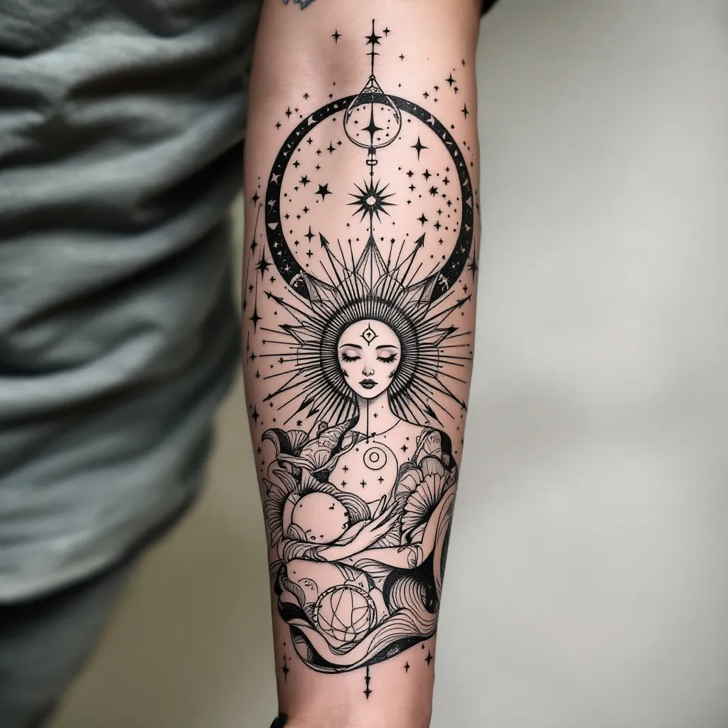 Design a large wrap-around forearm tattoo that feels like a personal piece of art rather than a collection of separate symbols. I want a black-and-grey illustrative tattoo with fine-line, geometric, slightly surreal and celestial elements, with very restrained selective colour if it enhances the design. The tattoo should represent a life shaped by ambition, setbacks, constant change, discipline and continuing forward without knowing exactly where the journey ends. I grew up in Mumbai, India, originally dreamed of joining the Merchant Navy, repeated my final year of school after missing the required marks, completed a bachelor's degree, explored the Indian defence forces, attempted the CDS exam twice, had an Australian study visa rejected, eventually moved from India to Ireland for a master's degree, worked difficult part-time jobs, moved into operations and now work as an Operations Lead at Amazon. The important meaning is not the specific jobs or achievements but the idea that every setback became part of the path and that I believe in giving 100% so I never regret not trying. I also value discipline, fitness, running, trekking, climbing, family, close friendships, being present in the moment, helping others and continuing to grow. I am proud of my Indian roots while also feeling that my current life in Ireland is another chapter rather than the final destination. I would like the artist to interpret these ideas creatively rather than literally. Possible visual references can include an abstract or elegant Ganpati presence representing my Indian roots, protection and inner foundation; a subtle representation of Mumbai such as the curves of Marine Drive; an ocean or ship reference to my childhood Merchant Navy dream; abstract mountains or obstacles representing setbacks; subtle references to Ireland/Dublin; and a restrained Cancer constellation or celestial elements representing me and the unknown future. I also like the visual language of fragmented linework, geometric forms, cosmic/galaxy textures, negative space and small hidden details. Personal elements such as fitness/running, coffee and food can be incorporated only if they naturally fit the composition and should remain subtle rather than obvious icons. I do not want the tattoo to look like a timeline, collage, tourist map, motivational poster or overly literal collection of objects. I want a strong central composition with depth, where some meanings are immediately visible and others are hidden for me to discover. The overall feeling should be resilient, thoughtful, spiritual without being overly religious, adventurous, sophisticated and unfinished in a deliberate way—as if the story is still being written. A phrase such as ‘Memento Vivere’ or the idea that ‘the end is the beginning’ could be incorporated only if it genuinely improves the artwork; text is not essential. The tattoo should wrap naturally around the forearm and be designed to look good from multiple angles, with enough negative space that it remains elegant and ages well. Please prioritize artistic composition and symbolism over trying to include every detail of my story, and feel free to remove, merge or reinterpret any element to create the strongest tattoo. Generate multiple distinct artistic variations rather than simply rearranging the same symbols.