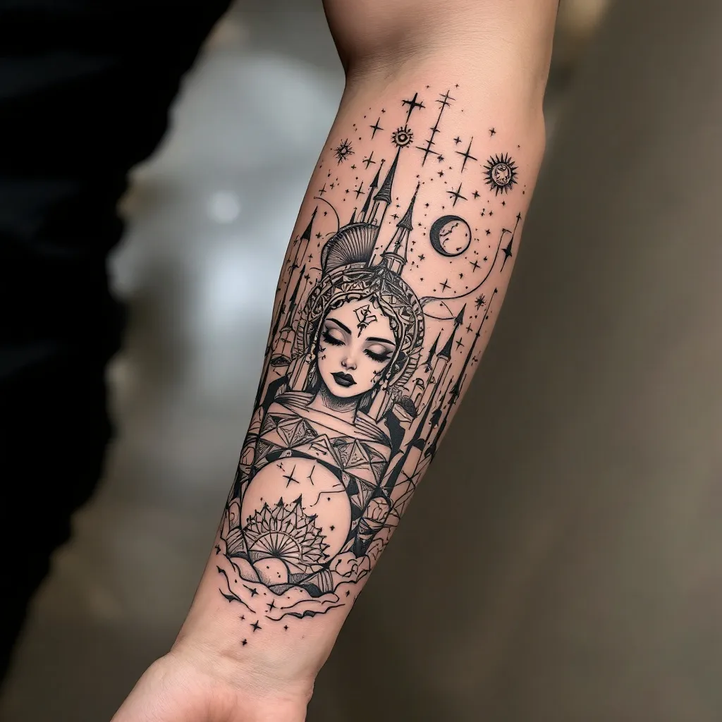 Design a large wrap-around forearm tattoo that feels like a personal piece of art rather than a collection of separate symbols. I want a black-and-grey illustrative tattoo with fine-line, geometric, slightly surreal and celestial elements, with very restrained selective colour if it enhances the design. The tattoo should represent a life shaped by ambition, setbacks, constant change, discipline and continuing forward without knowing exactly where the journey ends. I grew up in Mumbai, India, originally dreamed of joining the Merchant Navy, repeated my final year of school after missing the required marks, completed a bachelor's degree, explored the Indian defence forces, attempted the CDS exam twice, had an Australian study visa rejected, eventually moved from India to Ireland for a master's degree, worked difficult part-time jobs, moved into operations and now work as an Operations Lead at Amazon. The important meaning is not the specific jobs or achievements but the idea that every setback became part of the path and that I believe in giving 100% so I never regret not trying. I also value discipline, fitness, running, trekking, climbing, family, close friendships, being present in the moment, helping others and continuing to grow. I am proud of my Indian roots while also feeling that my current life in Ireland is another chapter rather than the final destination. I would like the artist to interpret these ideas creatively rather than literally. Possible visual references can include an abstract or elegant Ganpati presence representing my Indian roots, protection and inner foundation; a subtle representation of Mumbai such as the curves of Marine Drive; an ocean or ship reference to my childhood Merchant Navy dream; abstract mountains or obstacles representing setbacks; subtle references to Ireland/Dublin; and a restrained Cancer constellation or celestial elements representing me and the unknown future. I also like the visual language of fragmented linework, geometric forms, cosmic/galaxy textures, negative space and small hidden details. Personal elements such as fitness/running, coffee and food can be incorporated only if they naturally fit the composition and should remain subtle rather than obvious icons. I do not want the tattoo to look like a timeline, collage, tourist map, motivational poster or overly literal collection of objects. I want a strong central composition with depth, where some meanings are immediately visible and others are hidden for me to discover. The overall feeling should be resilient, thoughtful, spiritual without being overly religious, adventurous, sophisticated and unfinished in a deliberate way—as if the story is still being written. A phrase such as ‘Memento Vivere’ or the idea that ‘the end is the beginning’ could be incorporated only if it genuinely improves the artwork; text is not essential. The tattoo should wrap naturally around the forearm and be designed to look good from multiple angles, with enough negative space that it remains elegant and ages well. Please prioritize artistic composition and symbolism over trying to include every detail of my story, and feel free to remove, merge or reinterpret any element to create the strongest tattoo. Generate multiple distinct artistic variations rather than simply rearranging the same symbols.