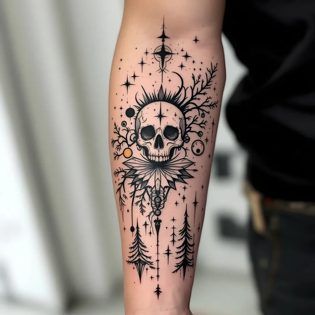 Design a large wrap-around forearm tattoo that feels like a personal piece of art rather than a collection of separate symbols. I want a black-and-grey illustrative tattoo with fine-line, geometric, slightly surreal and celestial elements, with very restrained selective colour if it enhances the design. The tattoo should represent a life shaped by ambition, setbacks, constant change, discipline and continuing forward without knowing exactly where the journey ends. I grew up in Mumbai, India, originally dreamed of joining the Merchant Navy, repeated my final year of school after missing the required marks, completed a bachelor's degree, explored the Indian defence forces, attempted the CDS exam twice, had an Australian study visa rejected, eventually moved from India to Ireland for a master's degree, worked difficult part-time jobs, moved into operations and now work as an Operations Lead at Amazon. The important meaning is not the specific jobs or achievements but the idea that every setback became part of the path and that I believe in giving 100% so I never regret not trying. I also value discipline, fitness, running, trekking, climbing, family, close friendships, being present in the moment, helping others and continuing to grow. I am proud of my Indian roots while also feeling that my current life in Ireland is another chapter rather than the final destination. I would like the artist to interpret these ideas creatively rather than literally. Possible visual references can include an abstract or elegant Ganpati presence representing my Indian roots, protection and inner foundation; a subtle representation of Mumbai such as the curves of Marine Drive; an ocean or ship reference to my childhood Merchant Navy dream; abstract mountains or obstacles representing setbacks; subtle references to Ireland/Dublin; and a restrained Cancer constellation or celestial elements representing me and the unknown future. I also like the visual language of fragmented linework, geometric forms, cosmic/galaxy textures, negative space and small hidden details. Personal elements such as fitness/running, coffee and food can be incorporated only if they naturally fit the composition and should remain subtle rather than obvious icons. I do not want the tattoo to look like a timeline, collage, tourist map, motivational poster or overly literal collection of objects. I want a strong central composition with depth, where some meanings are immediately visible and others are hidden for me to discover. The overall feeling should be resilient, thoughtful, spiritual without being overly religious, adventurous, sophisticated and unfinished in a deliberate way—as if the story is still being written. A phrase such as ‘Memento Vivere’ or the idea that ‘the end is the beginning’ could be incorporated only if it genuinely improves the artwork; text is not essential. The tattoo should wrap naturally around the forearm and be designed to look good from multiple angles, with enough negative space that it remains elegant and ages well. Please prioritize artistic composition and symbolism over trying to include every detail of my story, and feel free to remove, merge or reinterpret any element to create the strongest tattoo. Generate multiple distinct artistic variations rather than simply rearranging the same symbols.